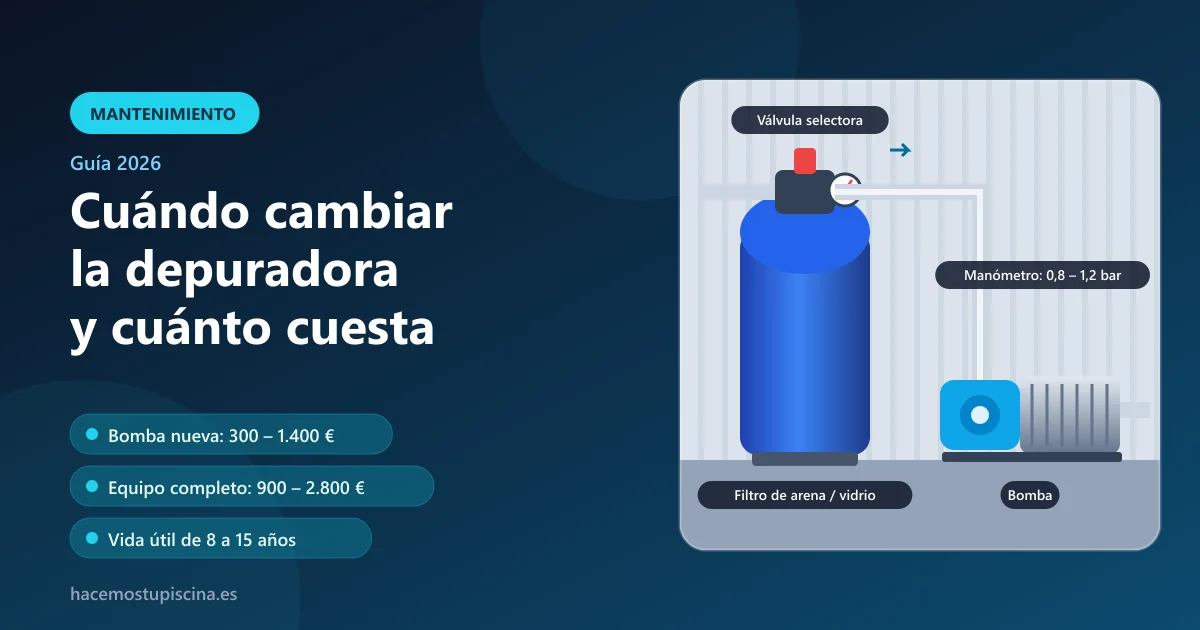 Equipo de depuración de piscina con filtro de arena, válvula selectora, manómetro y bomba
