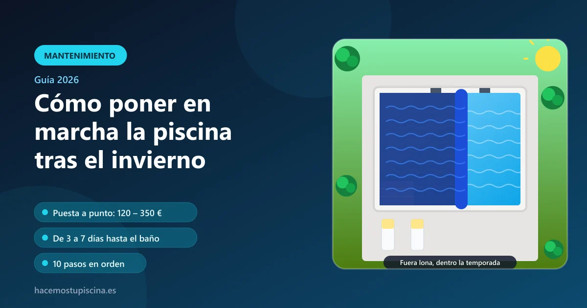 Piscina en primavera con la cubierta de invierno a medio retirar y el agua limpia apareciendo al sol