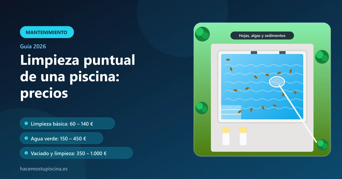 Piscina con hojas flotando y un recogehojas retirando la suciedad antes de una limpieza puntual